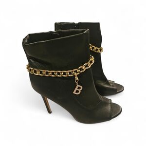 bebe Black Peep-Toe Ankle Booties with Gold Chain & 'B' Charm